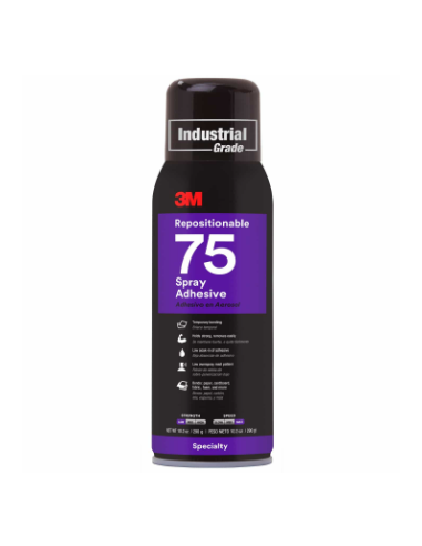 Bombola di adesivo spray riposizionabile 3M 75CA da 500 ml per fissaggi temporanei, carta, cartone, tessuti e materiali leggeri.